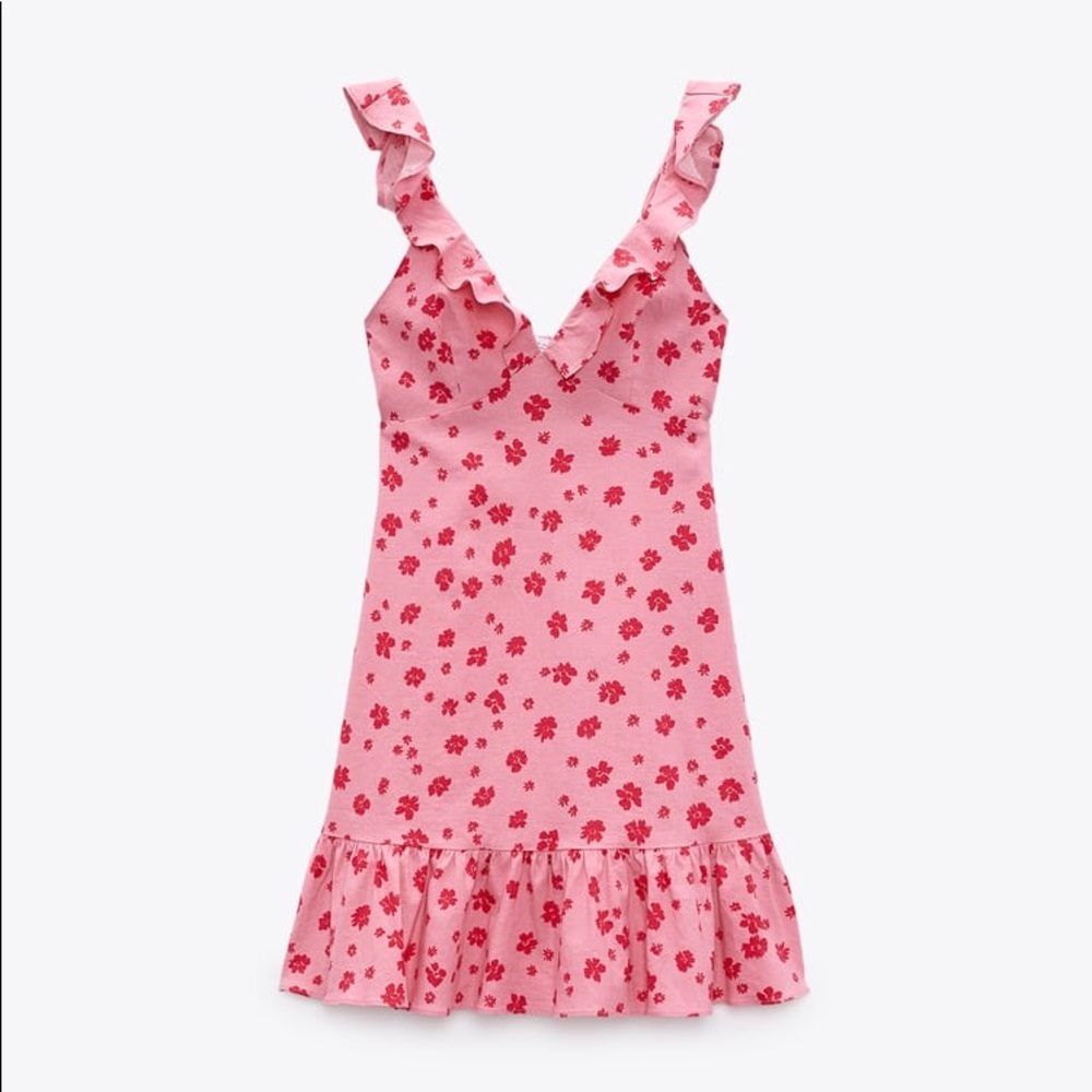 Zara Floral Print RUFFLED MINI LINEN V-NECK DRESS PINK/RED NEW - Picture 7 of 9